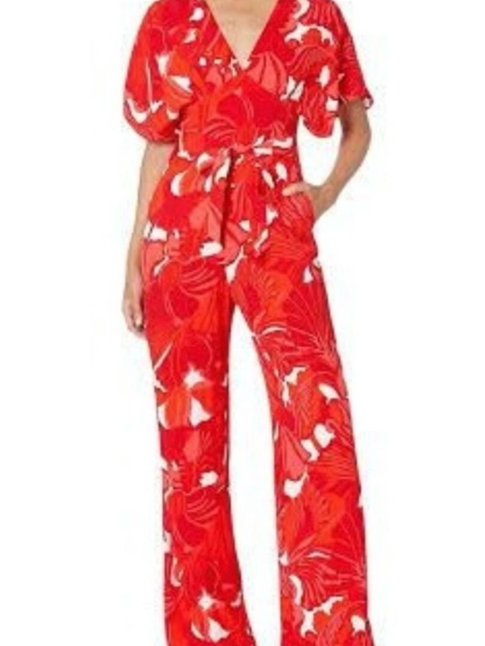 NWT Trina Turk Red Floral V-Neck Wide-Leg Jumpsuit with Tie Waist